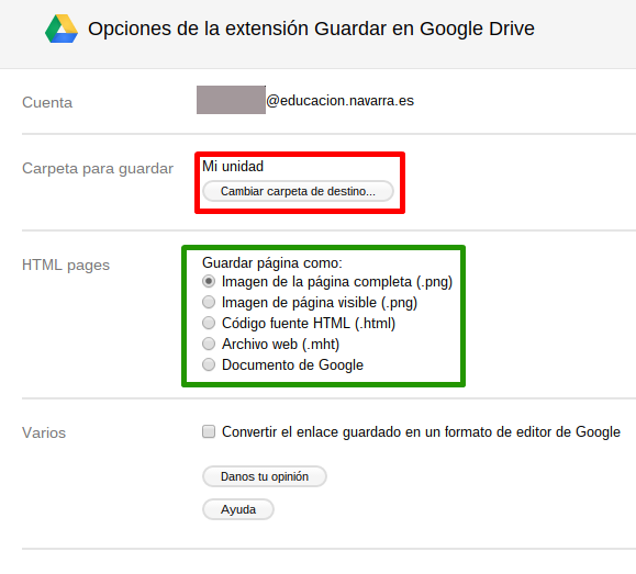 Configuración de Guardar en Google Drive