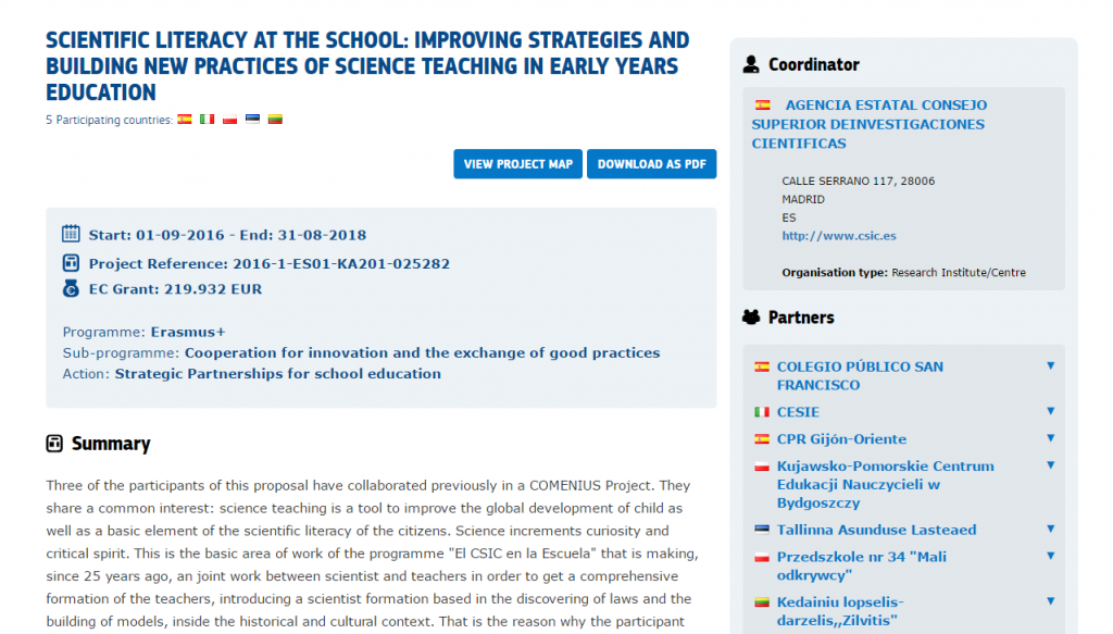 Captura de pantalla del proyecto: SCIENTIFIC LITERACY AT THE SCHOOL: IMPROVING STRATEGIES AND BUILDING NEW PRACTICES OF SCIENCE TEACHING IN EARLY YEARS EDUCATION