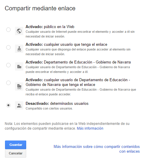 Opciones para compartir un documento de Google Drive