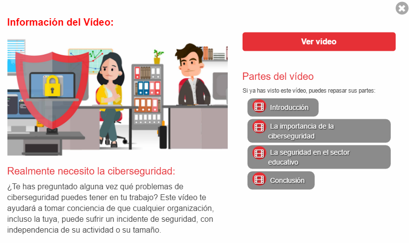 Captura de pantalla de la información de los vídeos de Ciberseguridad